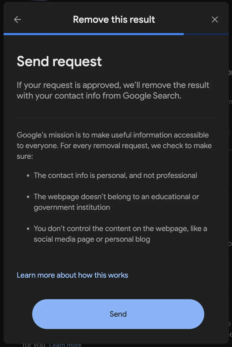 Screenshot of Google’s Remove this result tool for removing personal information from search results